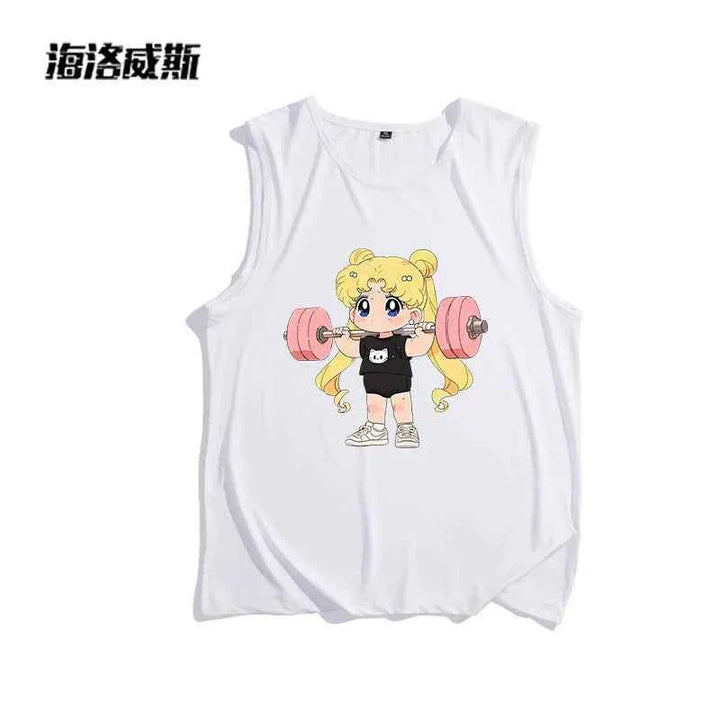 White sleeveless girls' cartoon design sport cut t-shirt with a cute anime girl lifting pink weights and cat graphic, made of soft cotton.