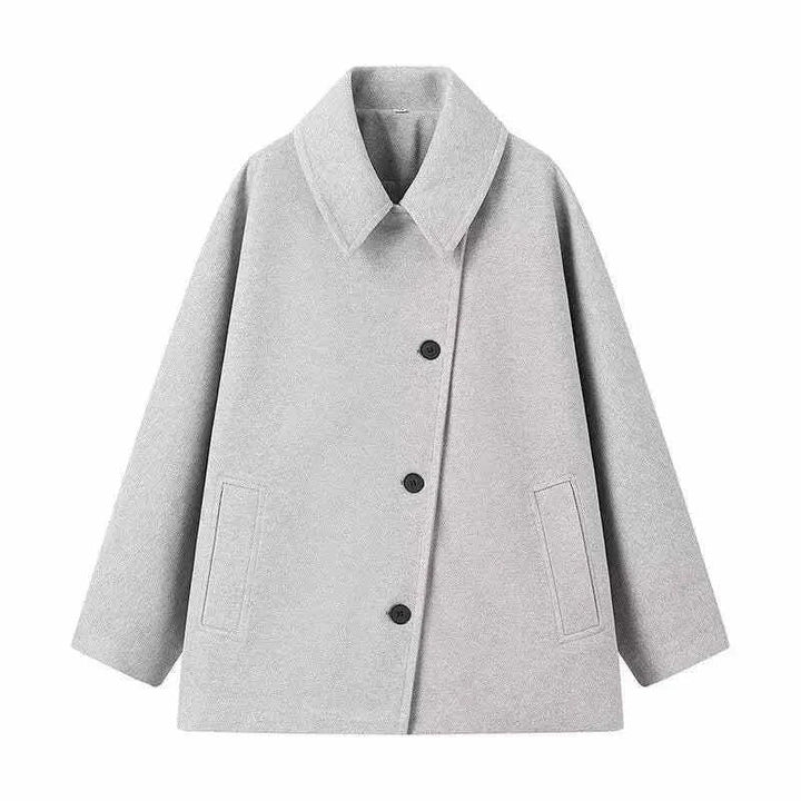 light gray oversized women's winter coat with front buttons and pockets, warm and stylish معطف شتوي نسائي