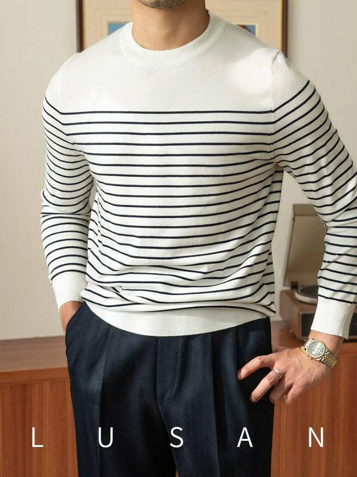 Mr. Lusan sea soul wool sweater white with navy horizontal stripes, soft knit, ribbed cuffs and hem, stylish casual wear