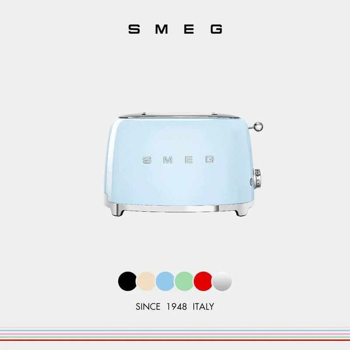 Smeg stylish retro Italian toaster in light blue with wide slots and adjustable heat settings