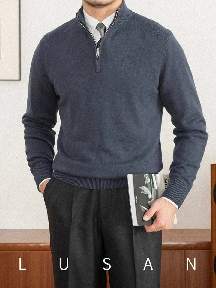 Mr. Lusan Italian slim stand collar sweater with half-zip and ribbed cuffs in navy blue for a stylish and comfortable look