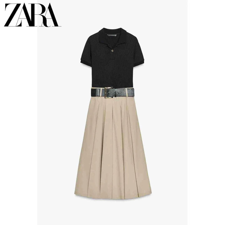 فستان نسائي ZARA2025 لخريف 2025 مع حزام وتطريزات بتصميم مودرن