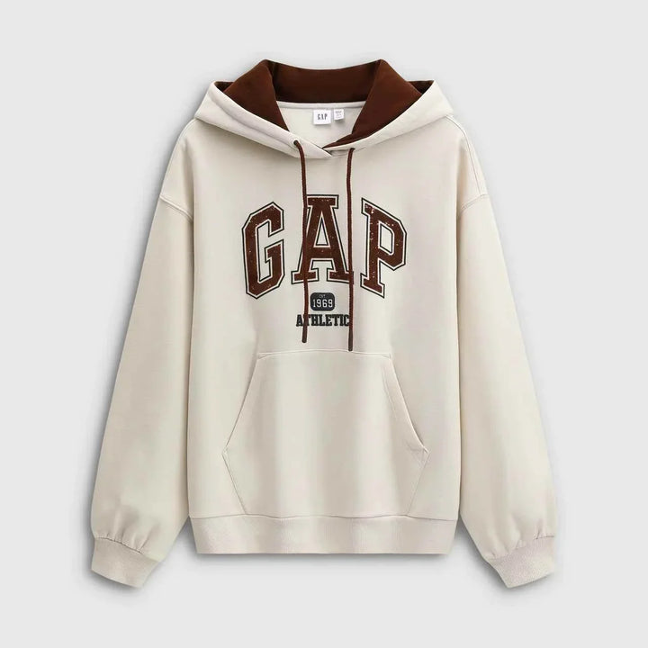 هودي Gap كلاسيك أصلي رجالي ونسائي كاجوال بلون بيج مع قبعة وجيب أمامي بتصميم عصري وكلاسيكي