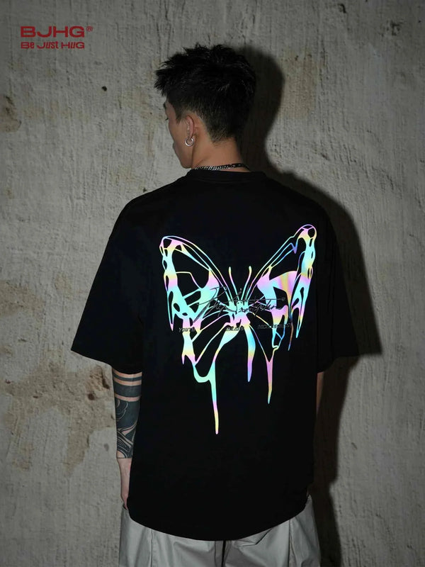 Black reflective butterfly print t-shirt with modern urban design and comfortable fit