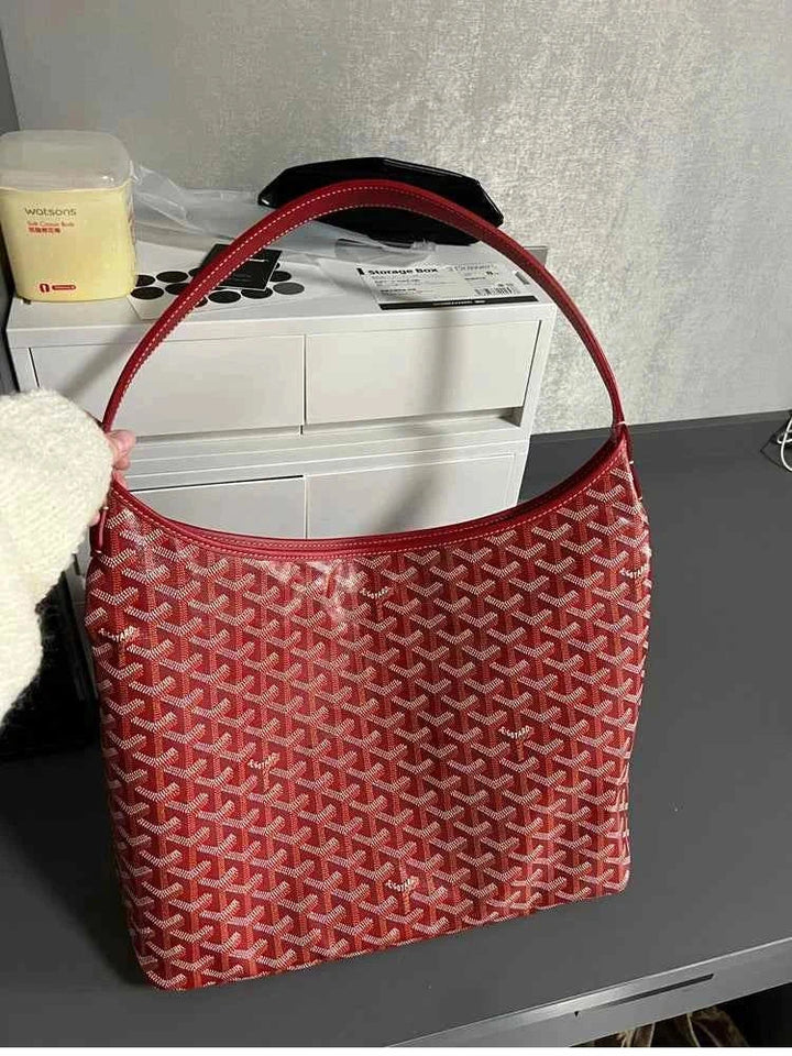 Red geometric printed hobo bag حقيبة كتف with durable leather shoulder strap and spacious interior for daily essentials.