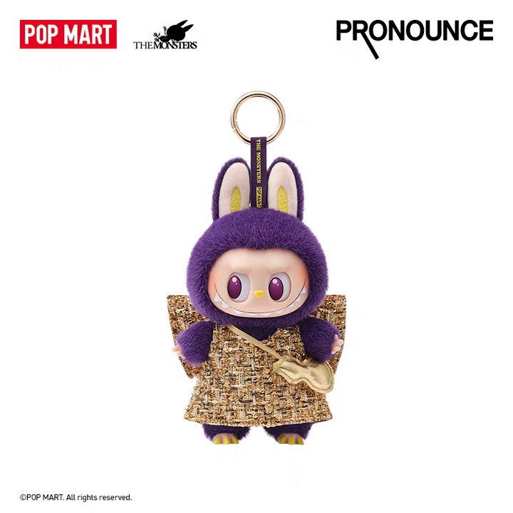 LABUBU x PRONOUNCE Wings of Fantasy plush vinyl doll with purple fur, rabbit ears, removable gold-accented dress, and keychain loop.
