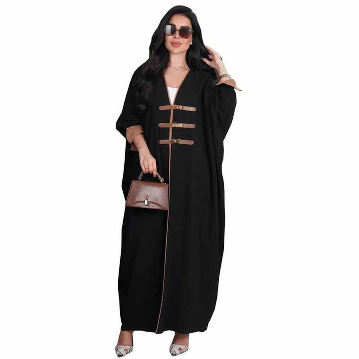 Elegant open abaya with leather belts, color-blocked design, suitable for modern and formal occasions.