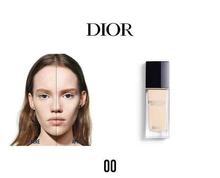 Dior Forever Foundation luxury set with before and after face showing radiant, natural, and long-lasting coverage for flawless skin.