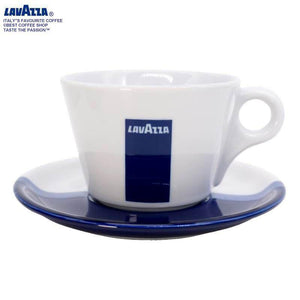 طقم فنجان قهوة Lavazza مع صحن - بورسلين أبيض وأزرق.