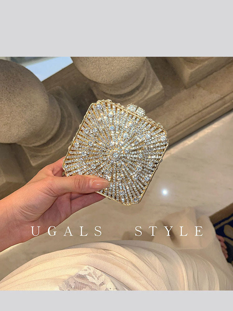 UGALS French حقيبة سهرة Clutch مرصعة بالكريستال بتصميم مربع ذهبي