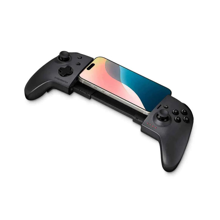 وحدة تحكم ألعاب SteelSeries Nimbus Cloud سوداء مع هاتف آيفون مثبت وسطها للألعاب المحمولة