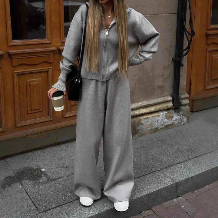 طقم كنزة وبنطلون واسع محبوك بأسلوب أوروبي وأمريكي عصري للمظهر الكاجوال
