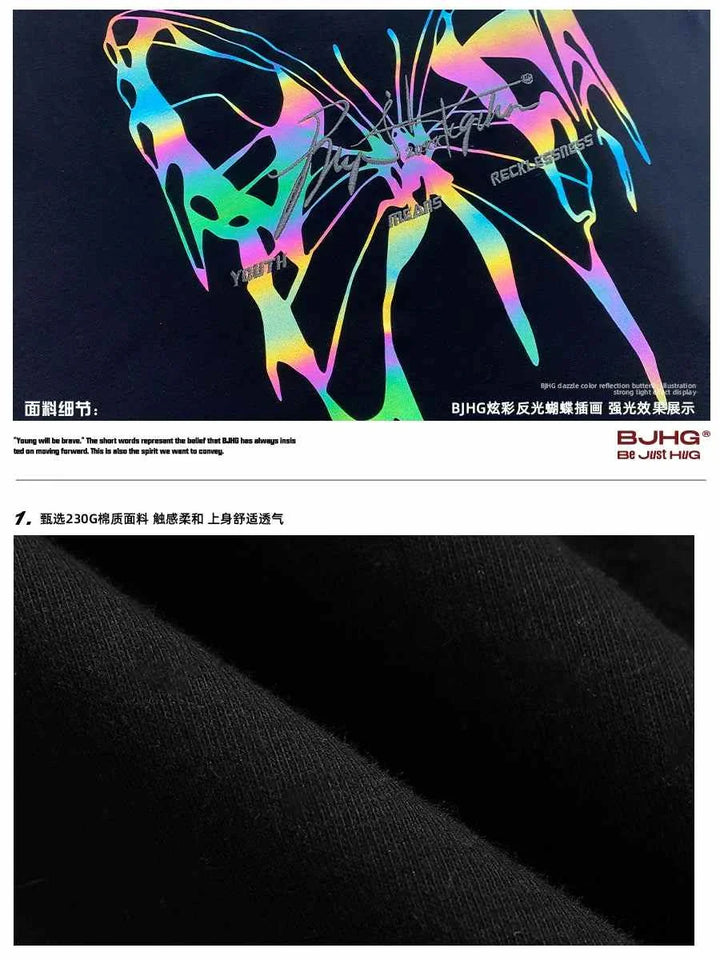 Reflective butterfly graphic on modern black fabric t-shirt, stylish and comfortable تيشيرت فراشة عاكس design