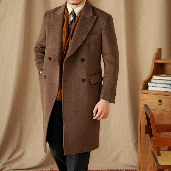 Mr. Lusan gentleman British double-breasted wool coat in brown with sharp lapels and pockets