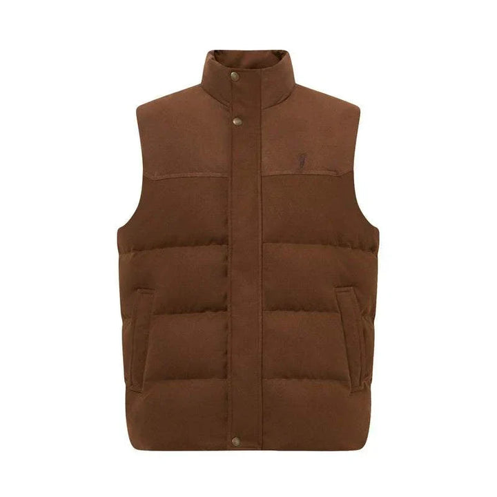 صديري شتوي رجالي بنّي فاخر مبطن من POLOWALK مع ياقة مرتفعة وسحاب مخفي وجيوب جانبية دافئة