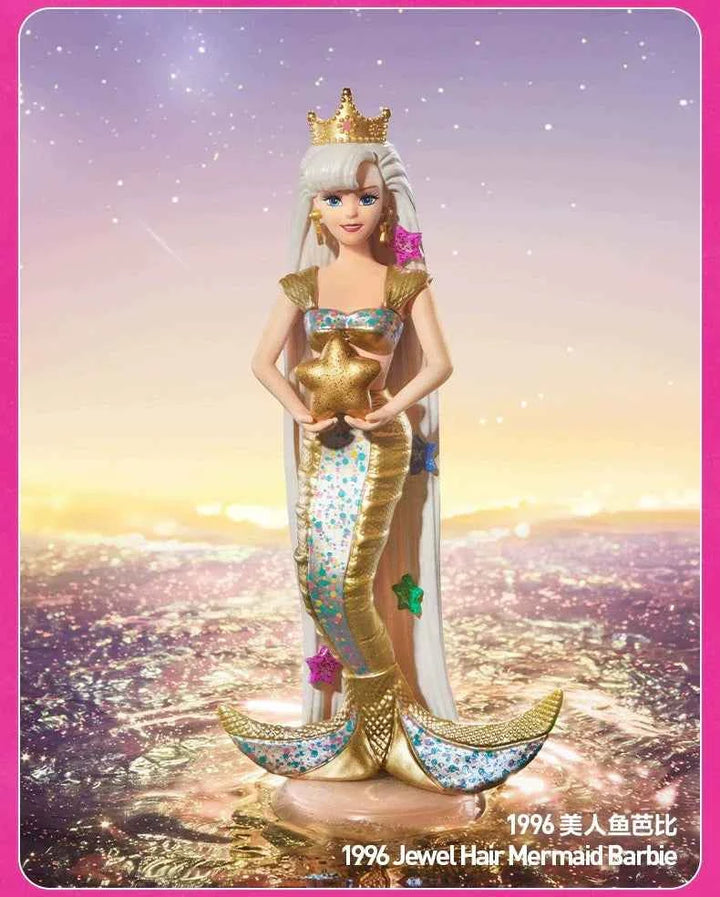 1996 Jewel Hair Mermaid Barbie figurine from Barbie Fashion Series with golden crown and starry ocean backdrop.