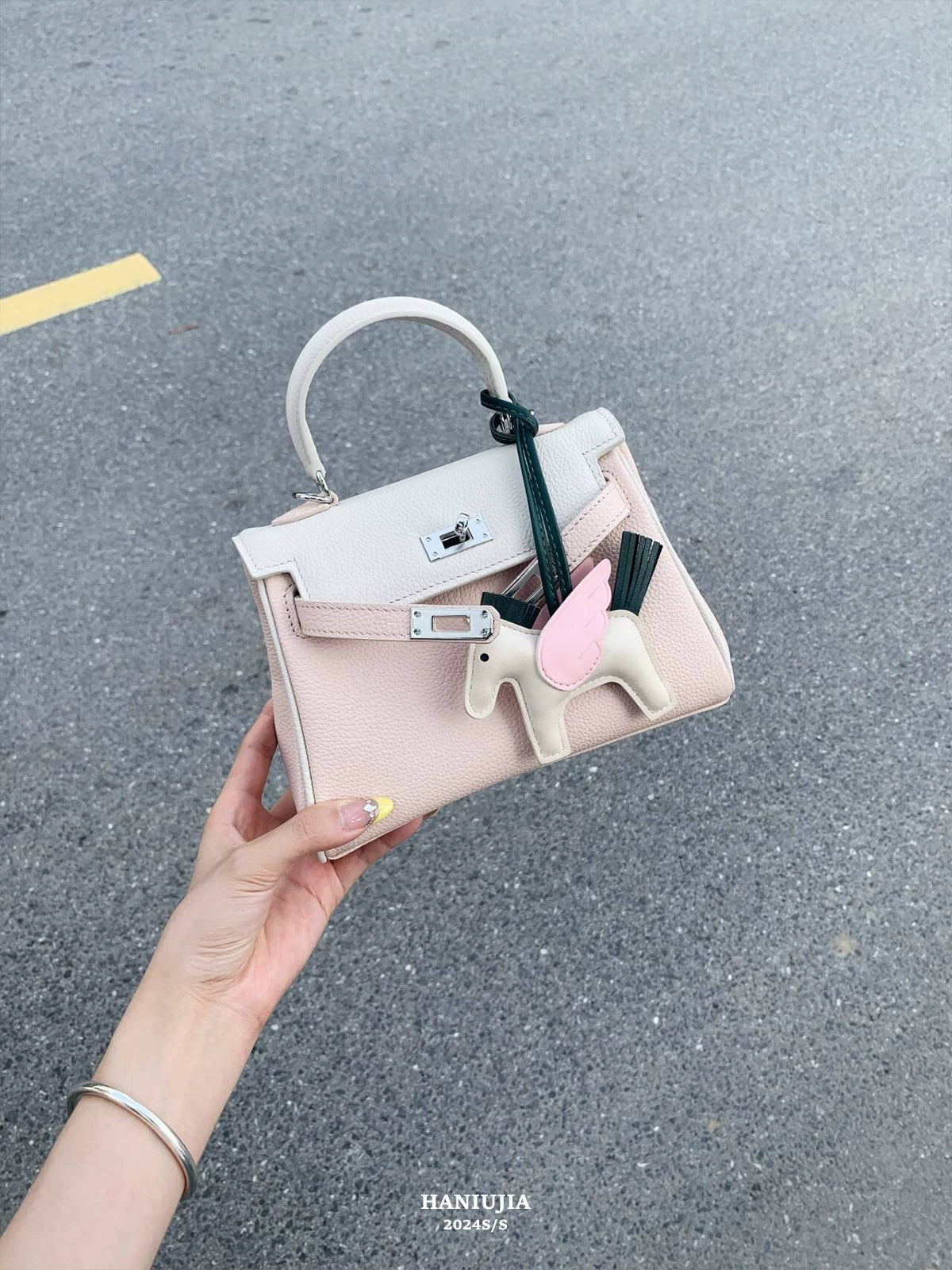 Top-tier TOGO cowhide pink-white color-block second-generation small square bag for women, high-end versatile handbag, single-shoulder crossbody bag