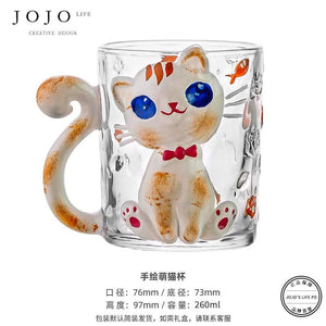 JOJO hand-painted cute cat glass coffee cup.