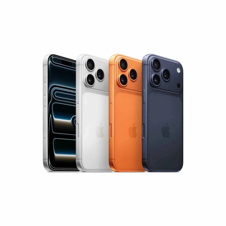 Apple iPhone 17 Pro smartphones in silver, cosmic orange, and deep blue colors with triple camera system and sleek design.