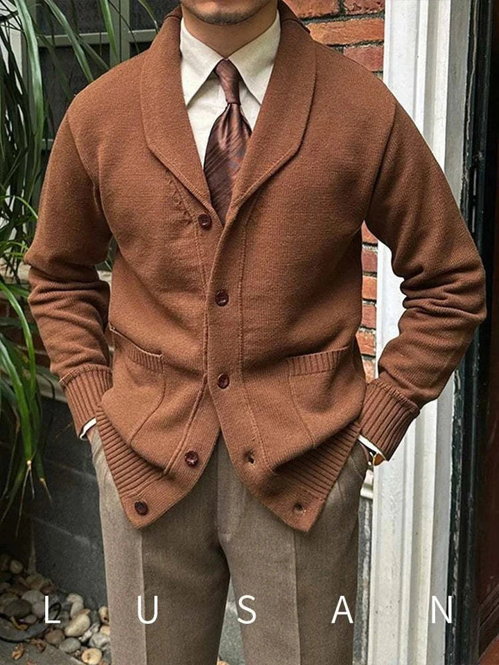 Mr. Lu San Japanese slim casual brown cardigan with shawl collar and ribbed cuffs