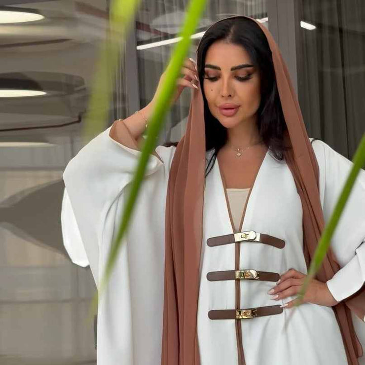 Elegant open abaya with leather belts and color-blocked details.