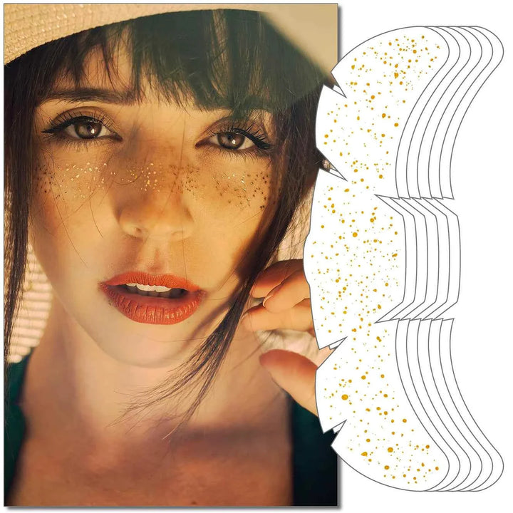 Taylor Swift Freckle Makeup Patches applied on a woman's face, showcasing natural-looking glitter freckles for a radiant and confident look.