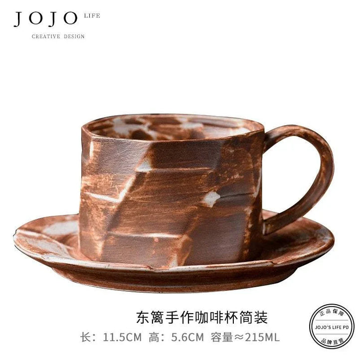 JOJO'S L.PD. East. handmade ceramic coffee cup with brown earthy tones and matching saucer