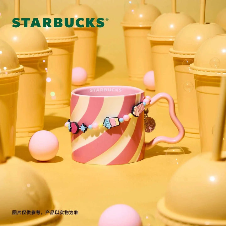 كوب Starbucks Cup بتصميم عصري بألوان وردية وصفراء مع حزام زينة خرزي وغطاء مقاوم للتسرب