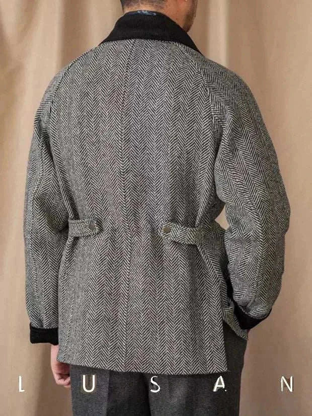 Mr. Lusan 100% wool herringbone jacket with black velvet collar and cuffs, adjustable back straps, luxury Italian design
