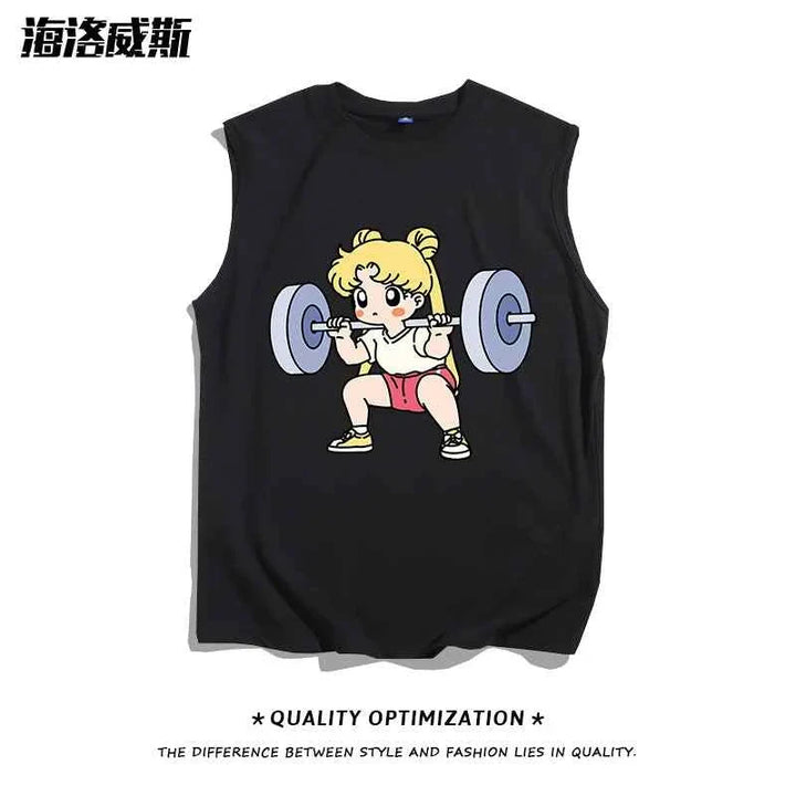 Black sleeveless sports tank top featuring a cartoon girl weightlifting design, made of soft cotton fabric.