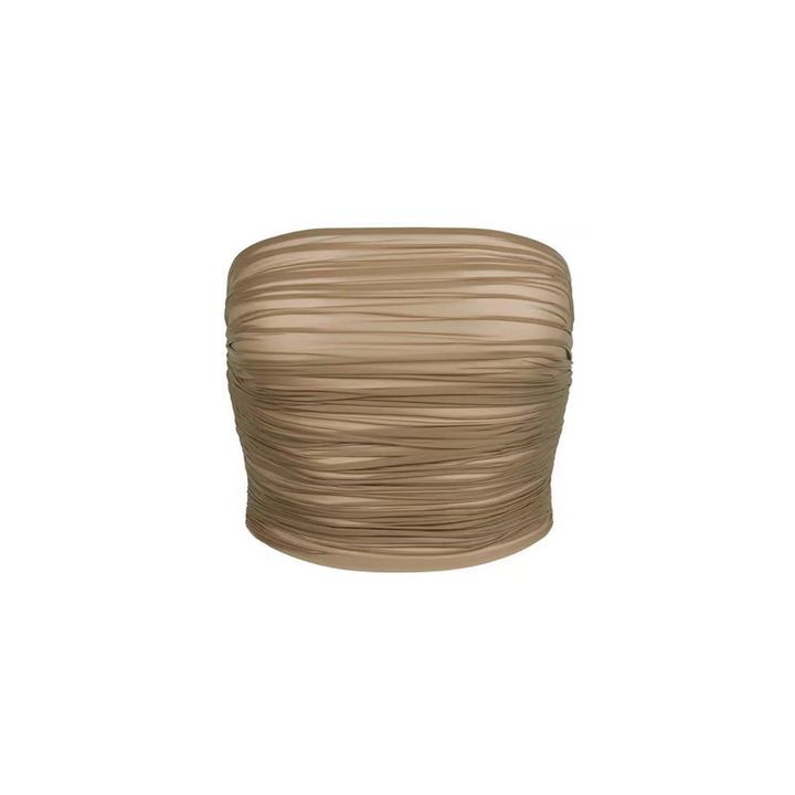 SKIMS ruched bandeau crop top in beige without straps, soft and stretchy fabric for comfortable fit