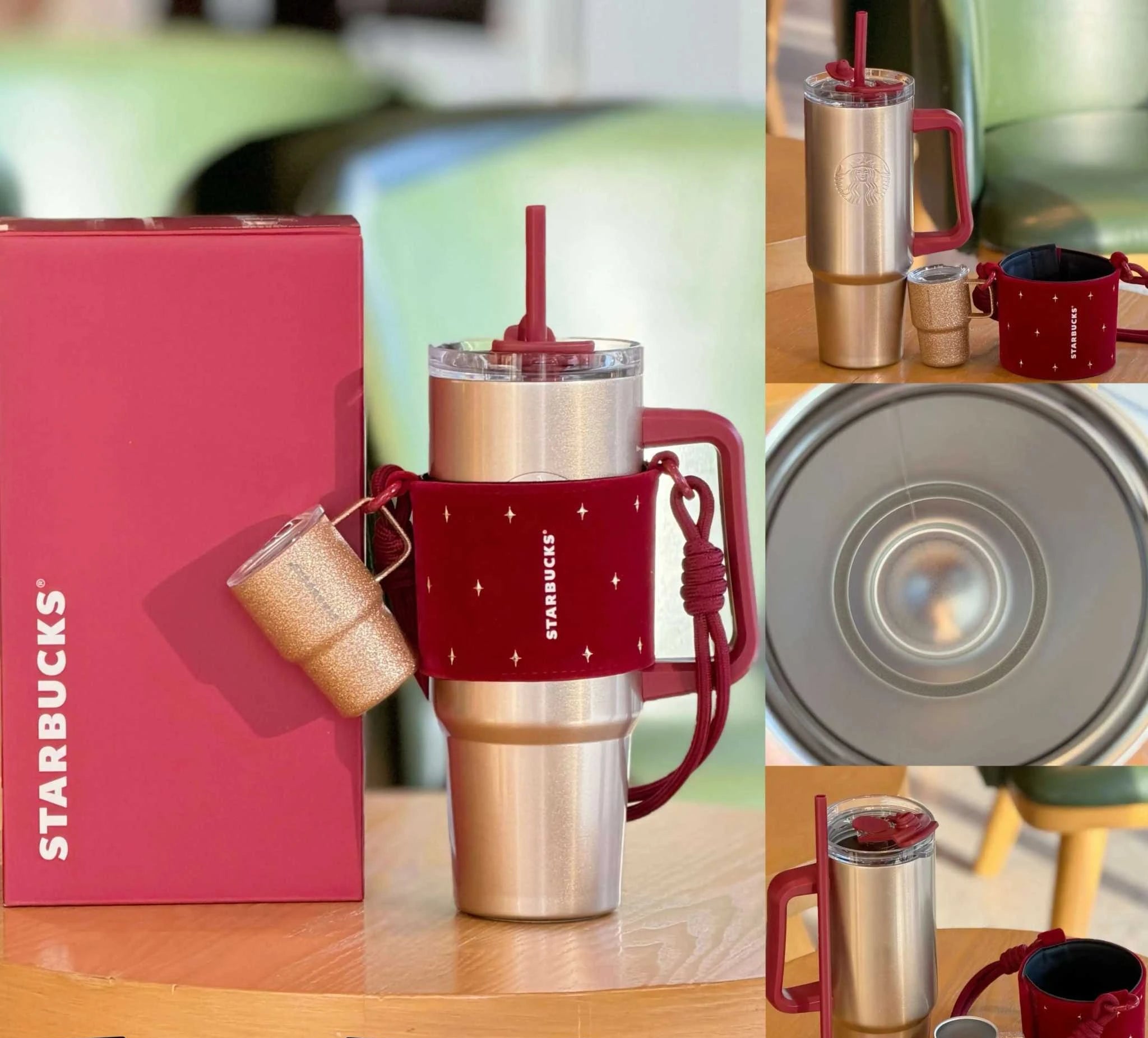 كوب Tumbler من Starbucks ذهبي مع حامل أحمر فاخر.