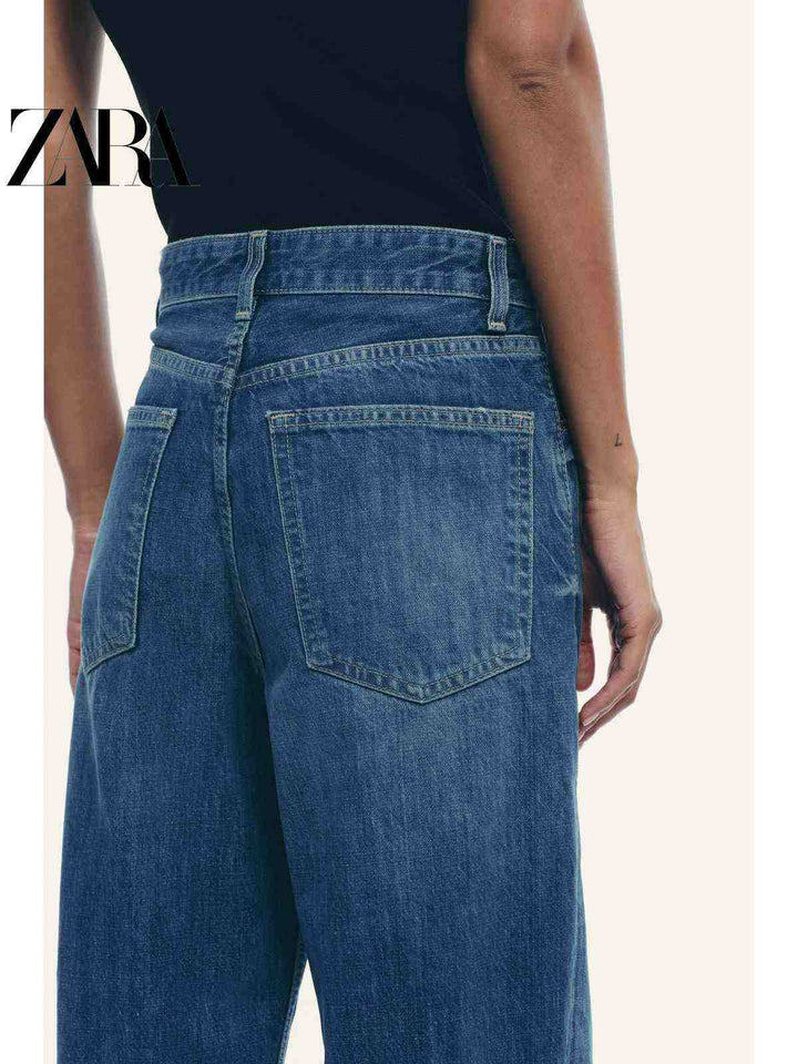 ZARA جينز ستريت ليج نسائي كاجوال تصميم مستقيم خامة قطنية متينة باللون الأزرق