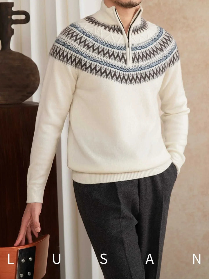 Mr. Lu San 100% wool slim sweater with Scandinavian yoke pattern and half-zip collar in white.