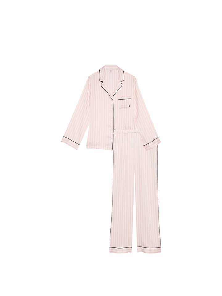 Victoria's Secret Show Series women's smooth satin long sleeve pants pajama set in light pink with thin stripes