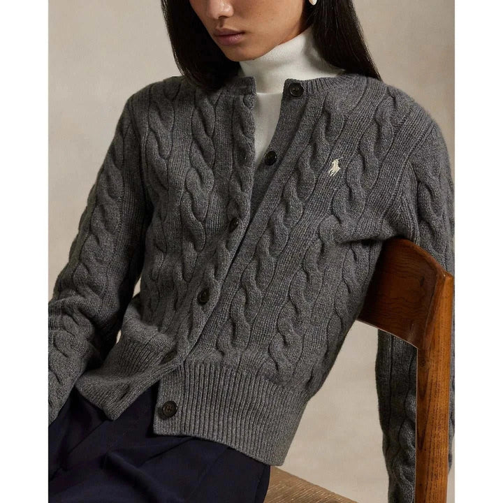 رالف لورين كاردجان صوف رمادي نسيج جدائل شعار بولو مطرز أنيق