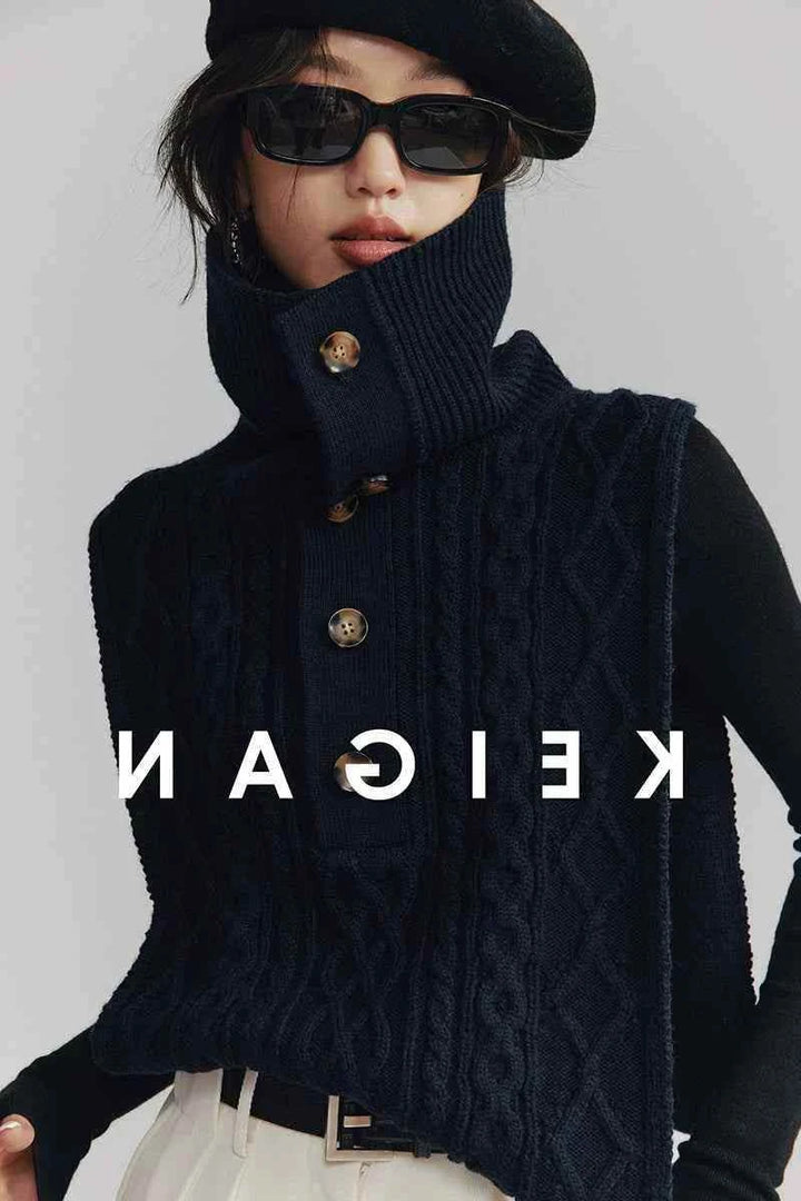 Ruoshi سترة محبوكة نسائي سوداء بنمط كاجوال بياقة عالية وأزرار أنيقة