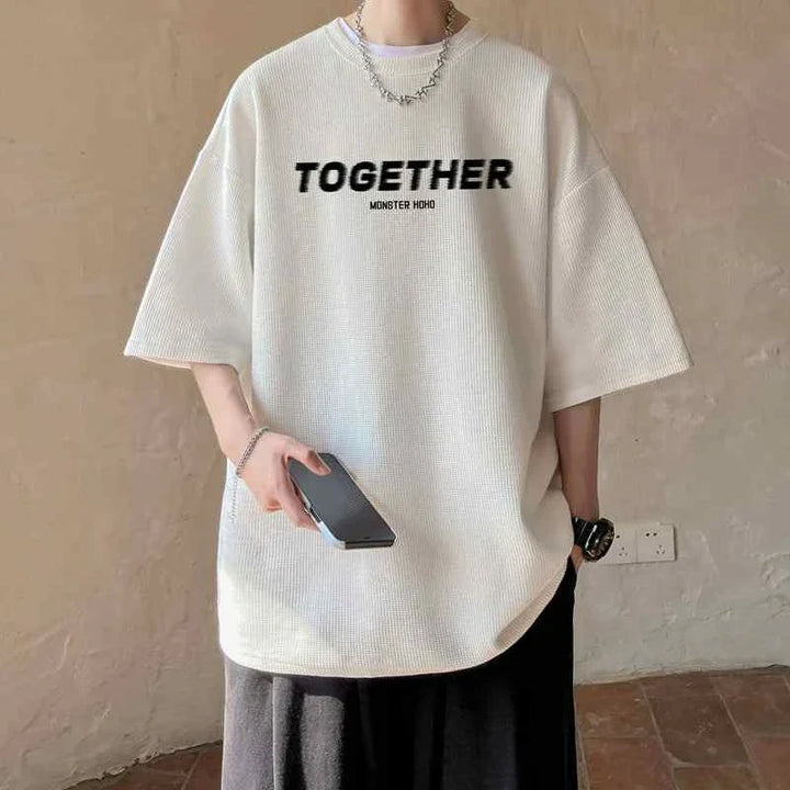 MORRYING oversized white t-shirt with cartoon character print and "TOGETHER" text for casual youthful style