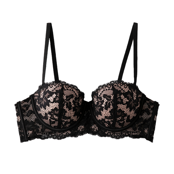 SKIMS Kardashian black lace half-cup bra with adjustable straps and underwire support for small breasts