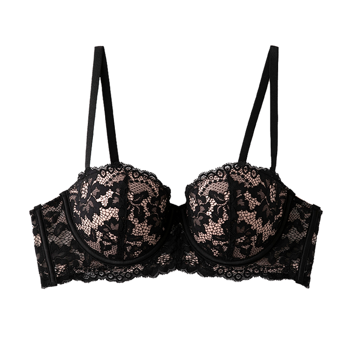 SKIMS Kardashian black lace half-cup bra with adjustable straps and underwire support for small breasts
