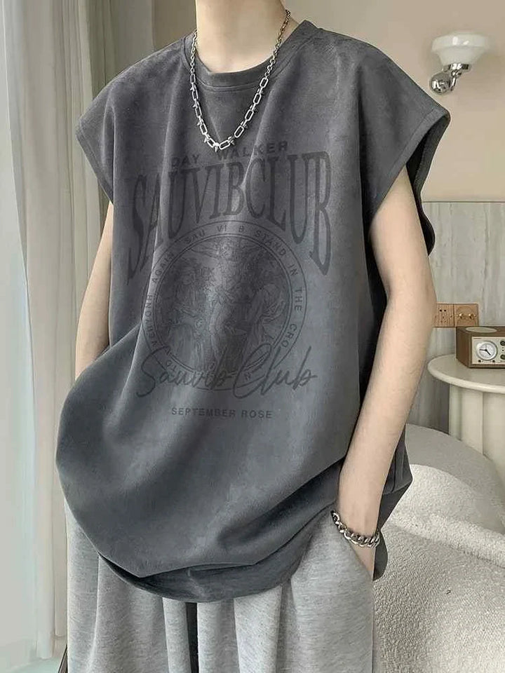 Sleeveless SAUVIBCLUB graphic t-shirt in dark gray with bold logo, casual and comfortable street style.