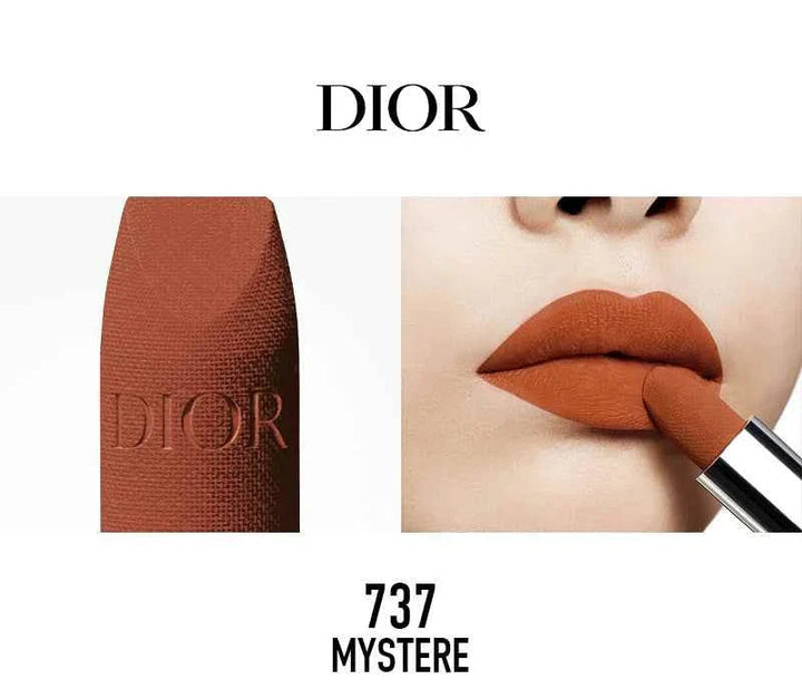 Rouge Dior الكلاسيكية lipstick shade 737 Mystere in warm terracotta color applied on lips with Dior branding.