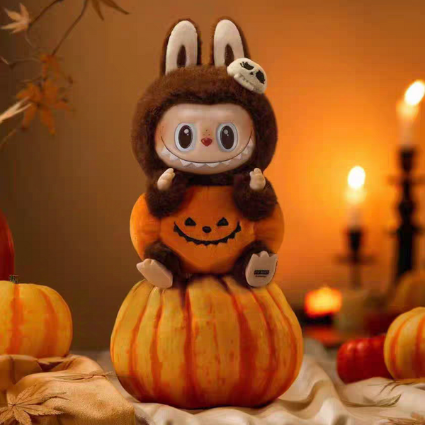 Pop Mart The Monsters Bunny Series plush toy in Halloween pumpkin costume, blind box collectible.