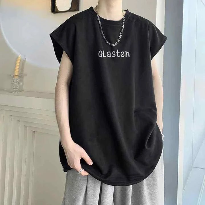Black sleeveless SAUVIBCLUB t-shirt with graphic print and casual fit for men