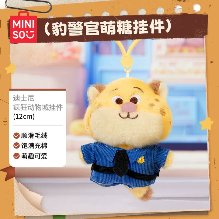 MINISO Disney Zootopia plush keychain, featuring cute Nick and Judy characters in soft fabric, perfect for bags and keys.