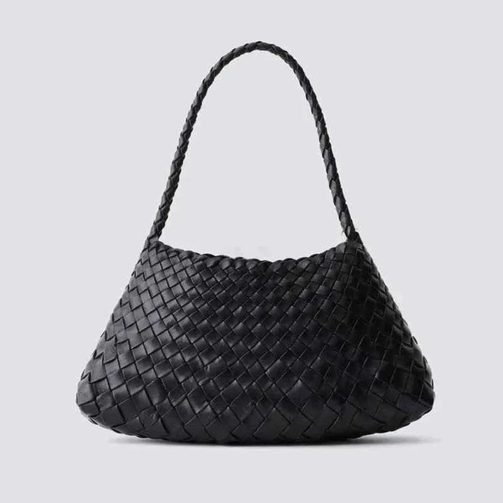 Black dragon woven bag made of premium natural cow leather with a braided shoulder strap, lightweight and practical for daily use.