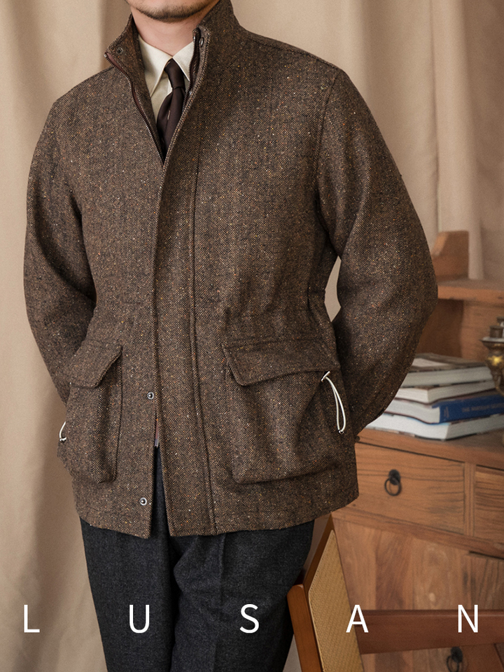 Mr. Lusan Italian gentleman jacket brown tweed with high collar and front pockets
