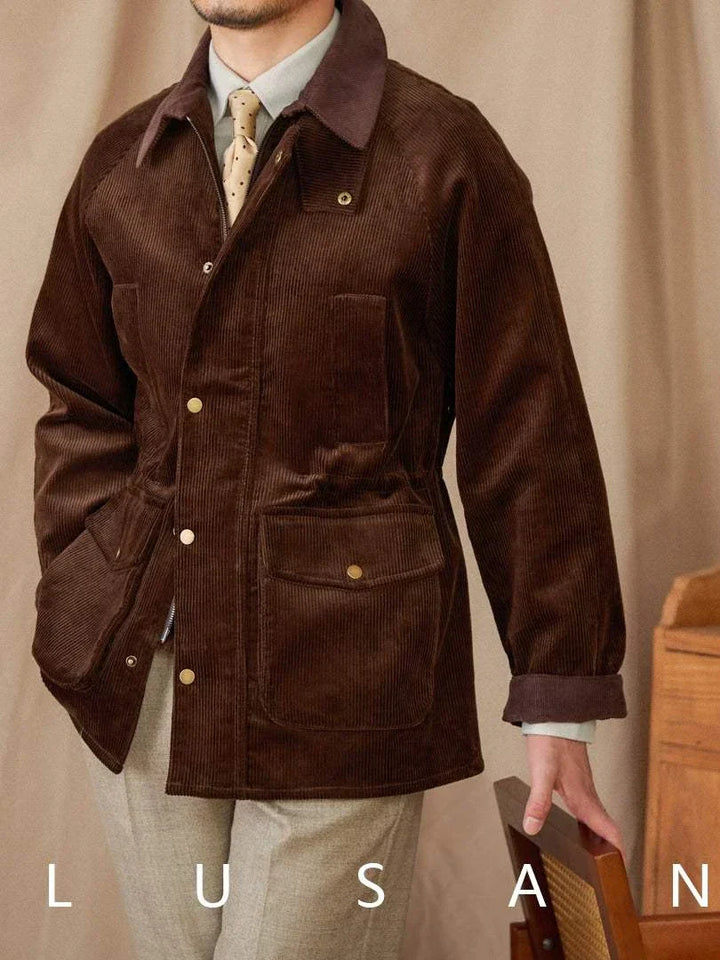 Mr. Lusan Italian gentleman brown pure cotton corduroy jacket with copper buttons and practical pockets