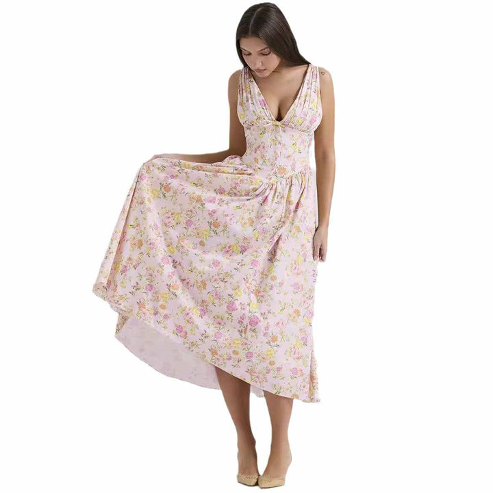 European and American style V-neck floral summer dress with a high-low hemline.