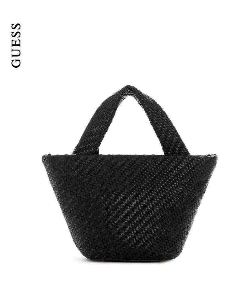Black woven synthetic leather GUESS handbag with short top handle and detachable shoulder strap.